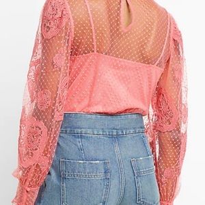 Women’s EXPRESS Lace Long Sleeve Crew Neck Top- RETAIL $98!-Coral-Size M *NEW*